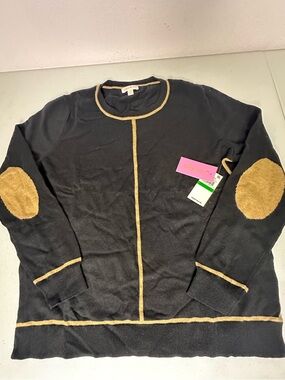 Riley & Rae Black Crewneck Sweater with Tan Trim and Elbow Patches